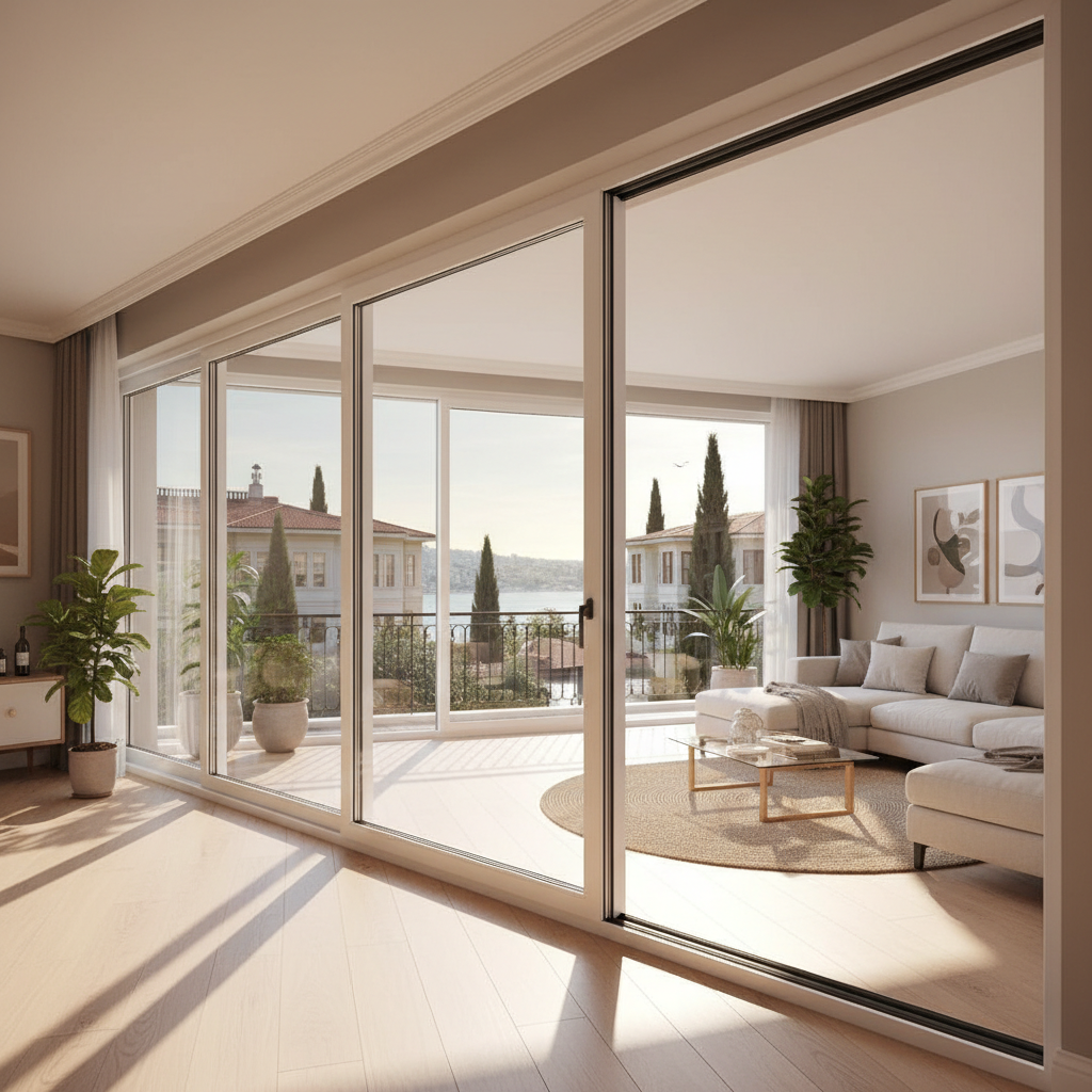 A bright, contemporary living room in Istanbul featuring a full wall of large PVC sliding doors opening to a compact urban balcony. The white PVC frames are robust and smooth, with integrated seals and high-performance double glazing clearly visible along the edges. Outside, a hint of Bosphorus-style waterfront architecture and greenery is softly blurred. Warm afternoon sunlight pours through, creating a comfortable glow on neutral-toned furnishings and casting soft linear shadows from the frames. Photographic realism, wide-angle lens capturing floor-to-ceiling height, balanced composition that emphasizes the harmony between interior design and the PVC door system. The atmosphere is airy, inviting, and quietly luxurious, showcasing energy-efficient modern living.