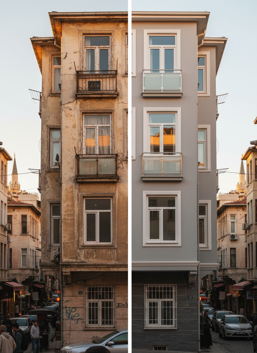A dramatic before-and-after split view of an Istanbul apartment façade, showing an older, worn exterior on one side and a fully renovated version on the other. The upgraded side features crisp white PVC windows, new aluminium balcony railings, and fresh cladding, all sharply defined and clean. The street-level setting includes subtle hints of Istanbul’s mixed architecture, slightly blurred to keep focus on the building. Late afternoon golden light enhances the textures of the new materials, casting warm, flattering shadows on the renovated surfaces. Photographic realism, front-facing composition with a vertical split clearly contrasting old and new. The atmosphere is transformative and aspirational, highlighting complete renovation and exterior improvement services.