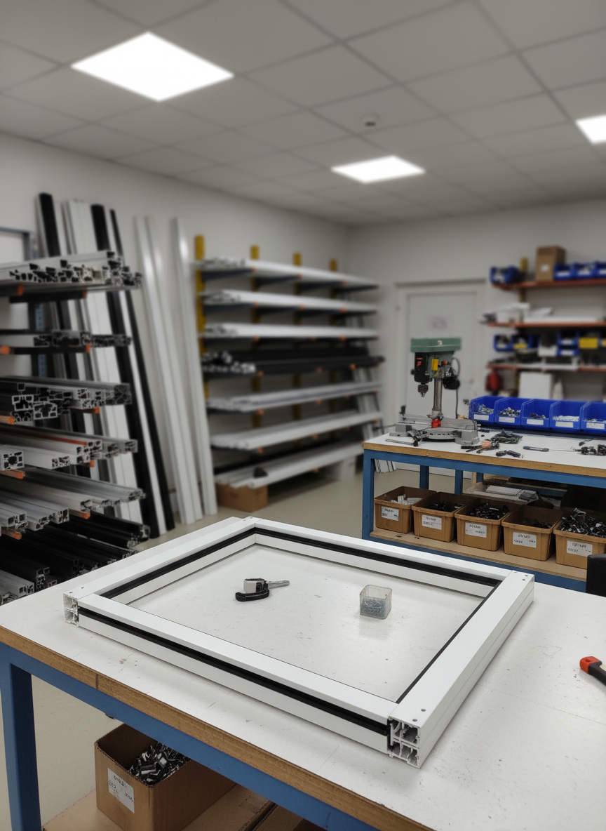 A compact in-house manufacturing workshop where PVC window frames and aluminum profiles are neatly organized on racks and assembly tables. The focus is on a partially assembled white PVC frame lying on a clean workbench, with visible reinforcement chambers, precision-cut corners, and neatly arranged gaskets. Around it, stacks of aluminium bars, cutting equipment, and labeled components suggest a well-structured production process. Bright, even industrial lighting from overhead fixtures creates clear visibility and minimal shadows, emphasizing cleanliness and order. Photographic realism, eye-level composition with moderate depth of field keeping the main workbench sharp while the background tools are gently softened. The mood is technical and reliable, underscoring careful, in-house fabrication and quality control.
