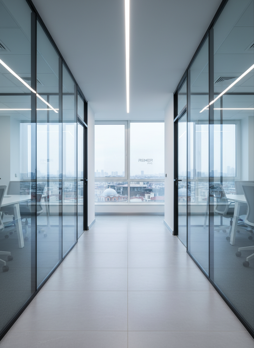 An interior view of a modern office renovation in Istanbul featuring a combination of PVC window systems and slim, dark-grey aluminum partition framing. The space includes a long corridor with glass-partitioned meeting rooms, each framed by precise aluminum profiles and large, clear double-glazed panes that reflect ceiling lights. At the far end, a wide PVC window brings in soft, overcast daylight, balancing the cooler tone of recessed LED lighting. Photographic realism, shot from a slightly low, one-point perspective along the corridor, with strong linear lines leading the eye. The mood is efficient, professional, and contemporary, highlighting Remer PVC’s expertise in integrated PVC and aluminum solutions for commercial interiors.